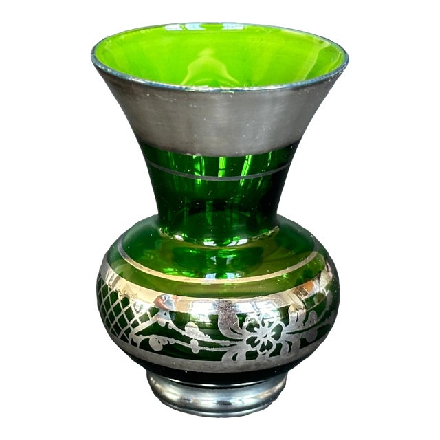 Vintage Green Glass Vase With Silver Overlay For Sale