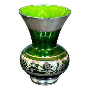 Vintage Green Glass Vase With Silver Overlay