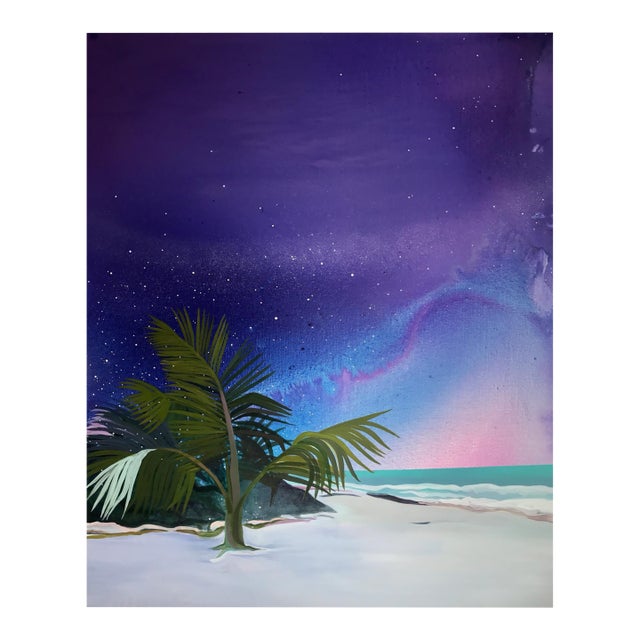 "Tulum" by Javiera Da Fonseca Ilić, Tulum Mexico Tropical Coast, Dreamy Palm Tree Purple Sky, Caribbean Bohemian Landscape, Original Oil Painting For Sale