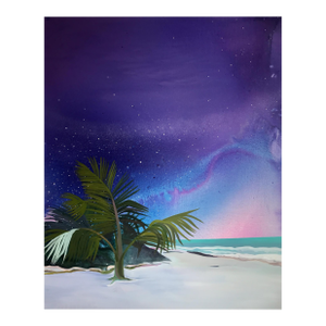"Tulum" by Javiera Da Fonseca Ilić, Tulum Mexico Tropical Coast, Dreamy Palm Tree Purple Sky, Caribbean Bohemian Landscape, Original Oil Painting