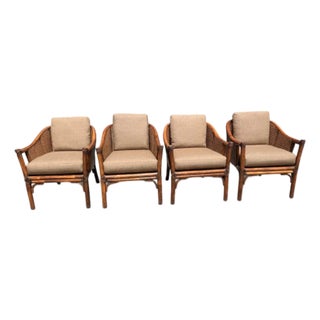 Set of 4 Vintage McGuire San Francisco Bamboo Rattan & Cane Lounge Dining Armchairs For Sale