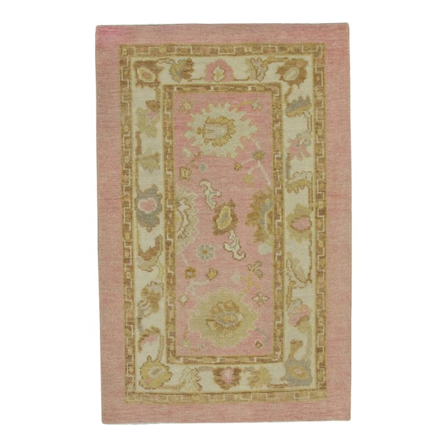 Early 21st Century Pink & Yellow Floral Design Handwoven Wool Turkish Oushak Rug 3' X 4'6" For Sale