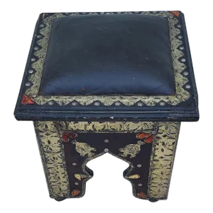 1980s Handmade Vintage Moroccan Metal Inlaid Stool with Leather Cushion