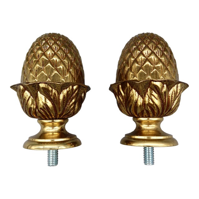 Pair of Vintage French Gilt Brass Pineapple Curtain Rod Finials — Empire Style, Acanthus Leaf Detail For Sale