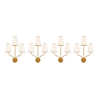 Aerin for Visual Comfort 3 Light Montreuil Small Wall Sconces in Gilt Gold With Original Off White Linen Shades, Set of Four For Sale