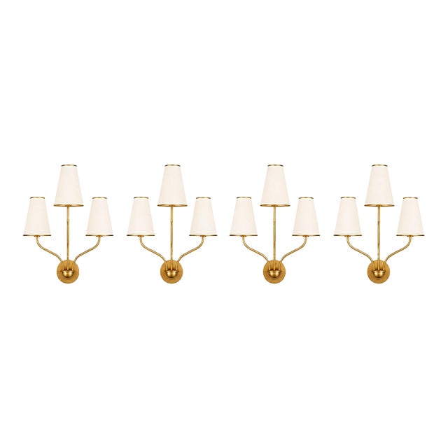 Aerin for Visual Comfort 3 Light Montreuil Small Wall Sconces in Gilt Gold With Original Off White Linen Shades, Set of Four For Sale