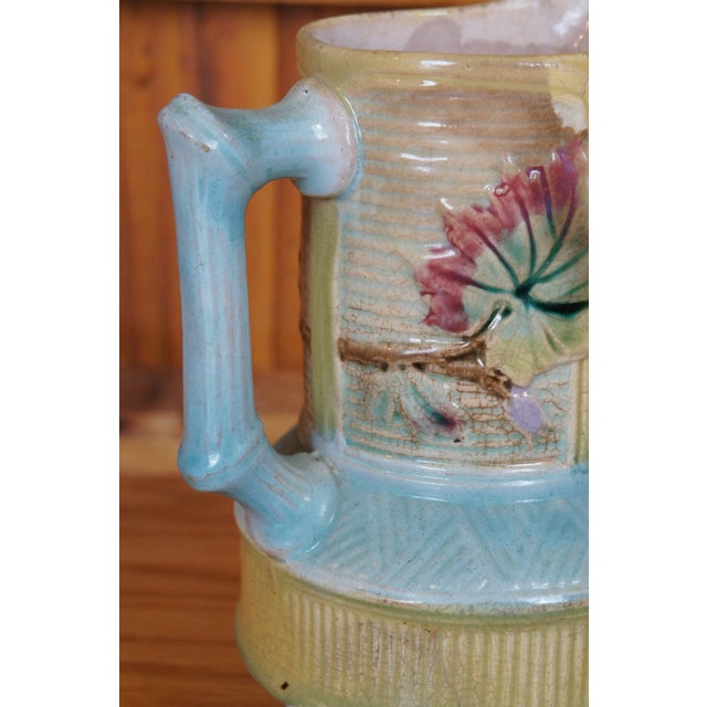 Green Antique Majolica Wardle Bamboo Basketweave Dogwood Flower Pitcher Jug For Sale - Image 8 of 12