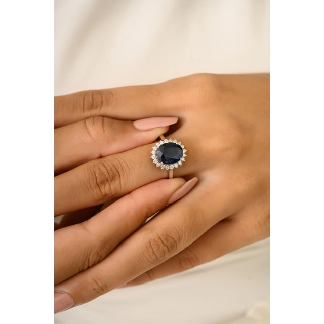 Blue 3.55 Ct Princess Diana Inspired Blue Sapphire Ring With Diamonds Halo Size 6 For Sale - Image 8 of 12