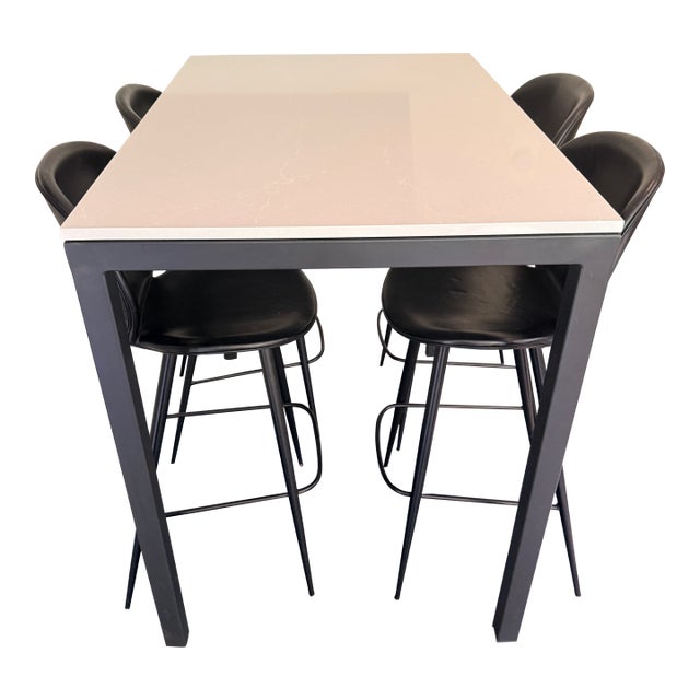 Tall Room & Board Parsons Table With 4 Leather Room & Board Bar Stools For Sale