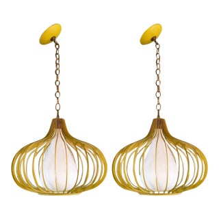 Mid-Century Modern Onion Shape Yellow Pendant Lights - a Pair For Sale