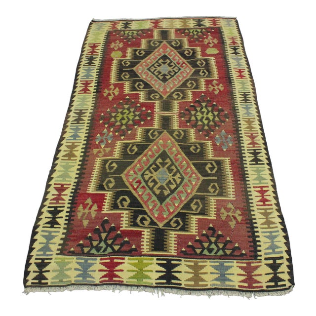 1960s Rustic Style Cappadocia Handmade Anatolian Geometric Wool Turkish Kilim Rug For Sale
