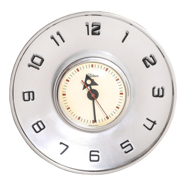 Mid-Century Brushed Aluminum & Bakelite Telechron Saucer Wall Clock Model 2h101 For Sale