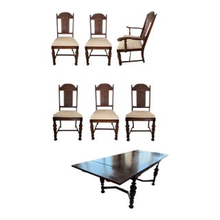 Vintage 1930s Bernhardt Jacobean Dining Table & 6 Chairs, Original, Professionally Reupholstered - Set of 7 For Sale