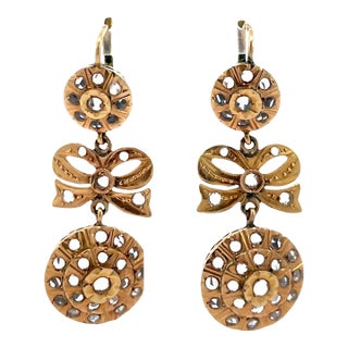 Mid 20th Century Pair of 14k Rose Gold White Sapphire Circle & Bow Cluster Drop Earrings For Sale