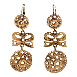 Mid 20th Century Pair of 14k Rose Gold White Sapphire Circle & Bow Cluster Drop Earrings