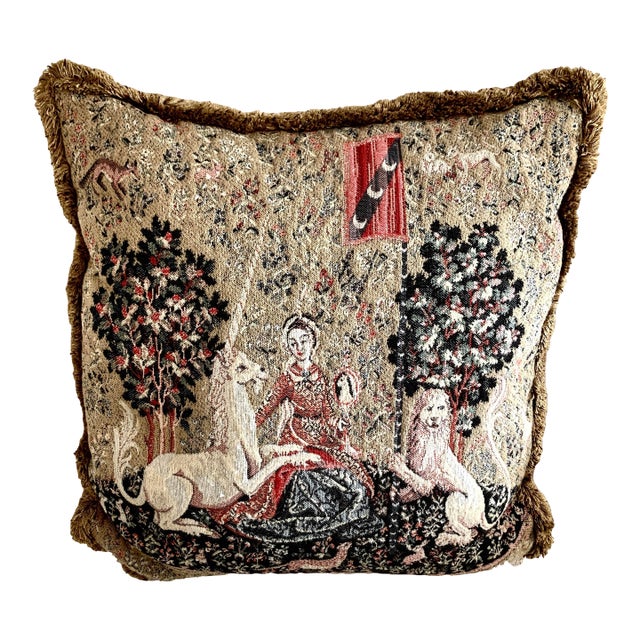 Vintage Metrax Belgian Tapestry Throw Decorative Pillow Lady and the Unicorn Jacquard Woven For Sale