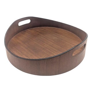 Mid 20th Century Round Pressed Teak Wood Tray With Handles For Sale