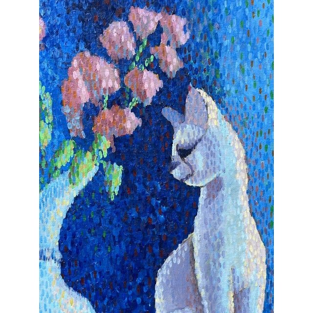 Mid-Century Modern Vintage American Modernist Pointillist Oil Painting of a Cat and Vase of Flowers by Emmalean Baumann For Sale - Image 3 of 9