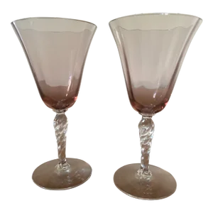 Pair of Vintage Fostoria Crystal Twist Stem Limited Production Orchid Water Goblets