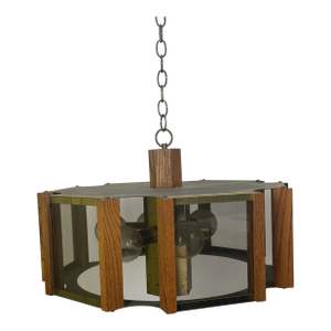 1970s Fredrick Ramond Hexagonal Brass Oak Wood Smoke Glass Chandelier