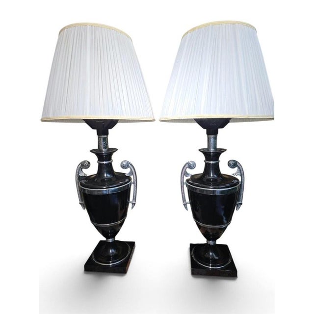 1920s 20th Century Art Deco Black Painted Metal Lamps with Chrome Handle, 1920, Set of 2 For Sale - Image 5 of 12