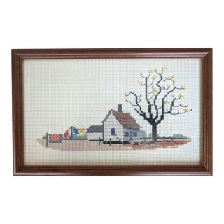 Vintage Barn Countryside Farm House Scene Needlepoint Framed Art For Sale