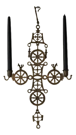 Arts & Crafts Brass Cross Hanging Candleholder, 1920s