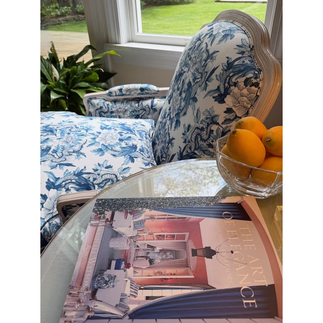 Custom Blue and White Marquis Bergere Chair and Ottoman Set Upholstered in Ralph Lauren For Sale - Image 18 of 18