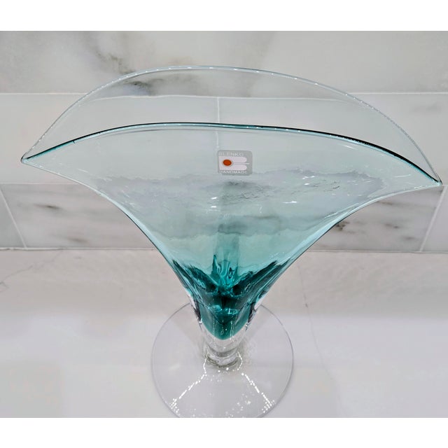 1980s Blenko Turquoise Ruffled Pedestal Vase With Block B Label For Sale - Image 5 of 8