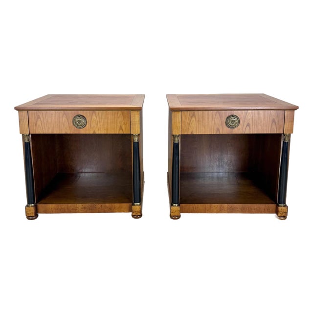 A Pair of Baker Furniture French Empire Neoclassical Cherry, Brass & Ebonized Wood Nightstands, Circa 1960s For Sale