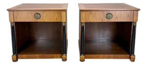 A Pair of Baker Furniture French Empire Neoclassical Cherry, Brass & Ebonized Wood Nightstands, Circa 1960s