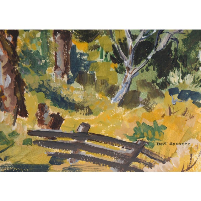 Paint Mid Century Modern Vertical Landscape With Fence in Acrylic on Paper by Bertram Spencer For Sale - Image 7 of 9
