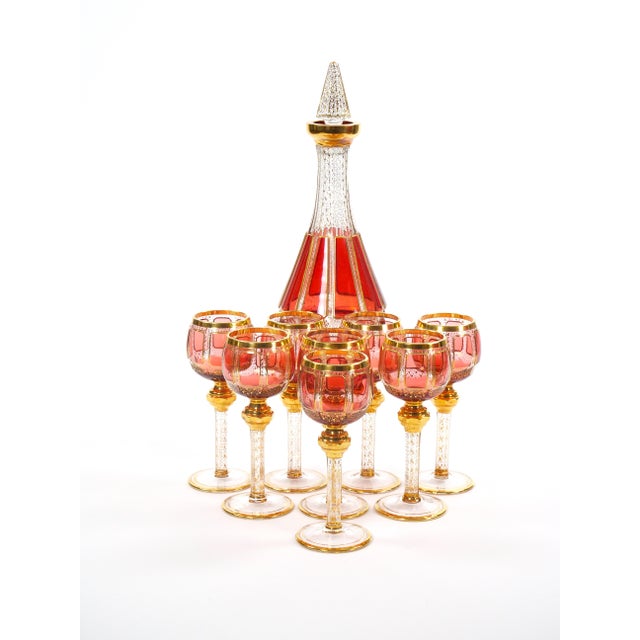 Mid-Century Modern Exquisite Moser Cranberry Paneled Cut Crystal Wine Goblet / Decanter Service For Sale - Image 3 of 12