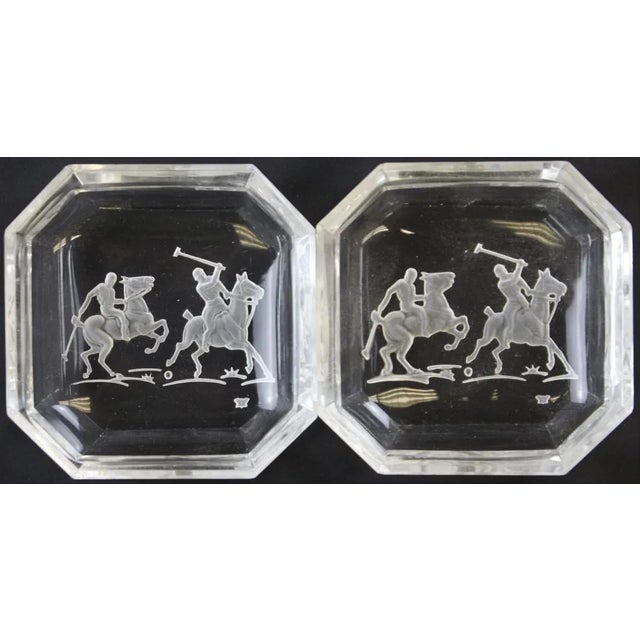 Octagonal James II Baccarat Crystal 'Polo Player' Ashtrays. Dimensions: 2 1/2"Sq