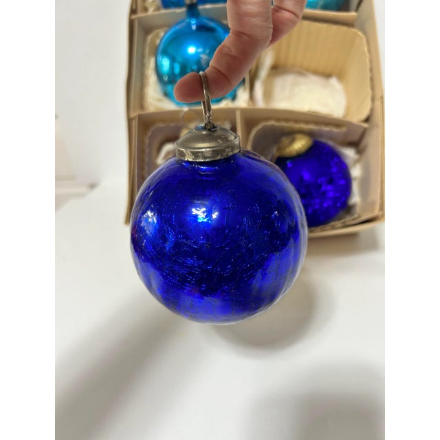 Glass Vintage Large Kugel Style Mercury Glass Christmas Ornaments – Blue Teal Tones – Set of 6 For Sale - Image 7 of 12