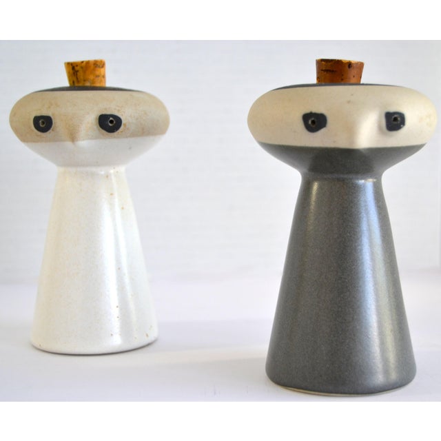 Bennington Potters 1980s David Gil for Bennington Potters Mr. Salt and Mrs. Pepper Ceramic Shakers Cork Stoppers For Sale - Image 4 of 12