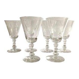 Vintage 1980s Fostoria Crystal Etched "Rose" Pattern Wine Glasses - Set of 6 For Sale