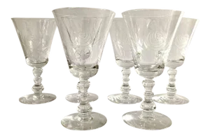 Vintage 1980s Fostoria Crystal Etched "Rose" Pattern Wine Glasses - Set of 6