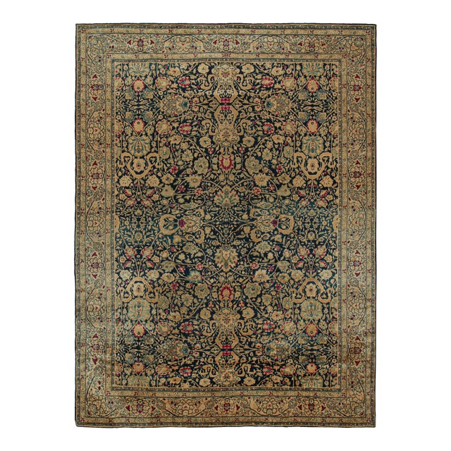 Late 19th Century Hand-Knotted Antique Agra Rug in Blue, Gold and Red Floral Pattern For Sale