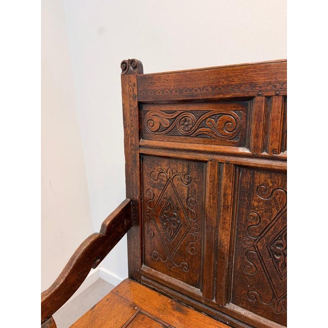 Antique Carved Oak Monks Bench with Storage Chest For Sale - Image 4 of 8