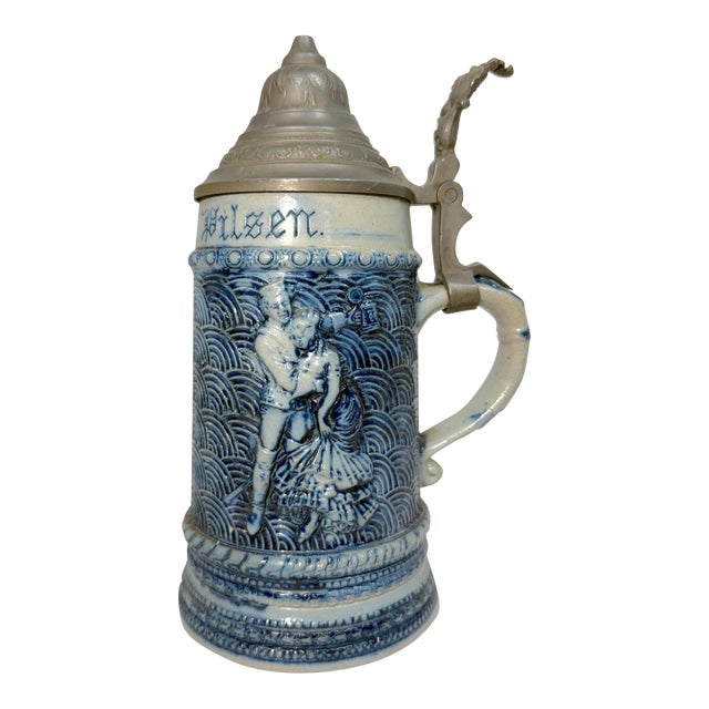 Antique Whites Utica Stoneware Pottery "Prince of Pilsen" Pewter Lidded Stein For Sale