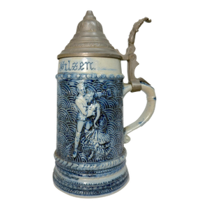 Antique Whites Utica Stoneware Pottery "Prince of Pilsen" Pewter Lidded Stein