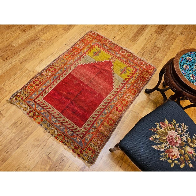 Late 19th Century Vintage Turkish Prayer Area Rug, Hand-Knotted Wool, 4x5, Abrash Red & Yellow For Sale - Image 5 of 14