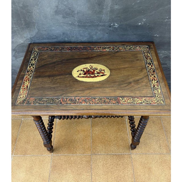 20th Century Spanish Barley Twist Table with Inlaid Marquetry Top, 1920 For Sale - Image 9 of 14