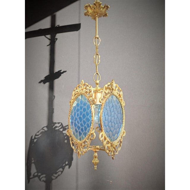 1960s 1960s Ceiling Light Vintage French Brass Blue Glass Chandelier For Sale - Image 5 of 14