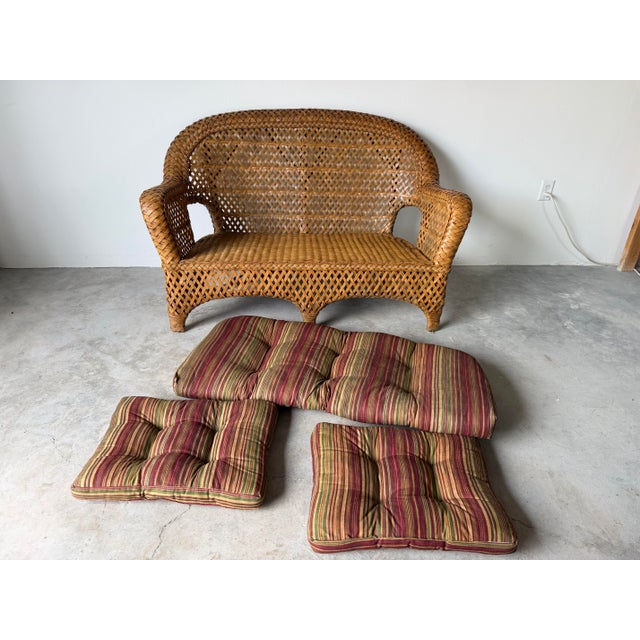 Mid-Century Modern Vintage Coastal Rattan & Wicker Loveseat With Original Cushions For Sale - Image 3 of 12