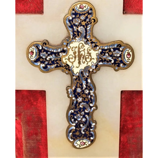 An antique French holy water font. Marble with a cross and font with applied cloisonne. Font portion has a lid that...