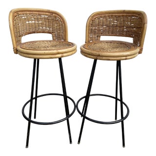 Danny Ho Fong Tropi-Cal Style Rattan Swivel Barstools - a Pair For Sale