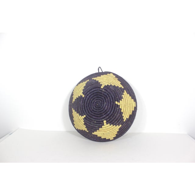 1980s 1980s Vintage African Coiled Straw Basket Purple Blue Beige Hand Woven Wall Basket For Sale - Image 5 of 6