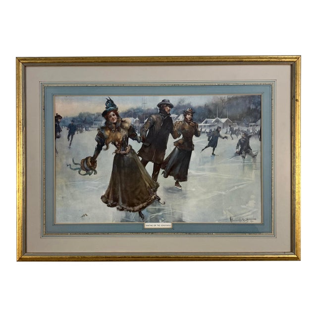Antique Print Skating on the Serpentine by H. G. Theaker – Edwardian Ice Skating Scene For Sale